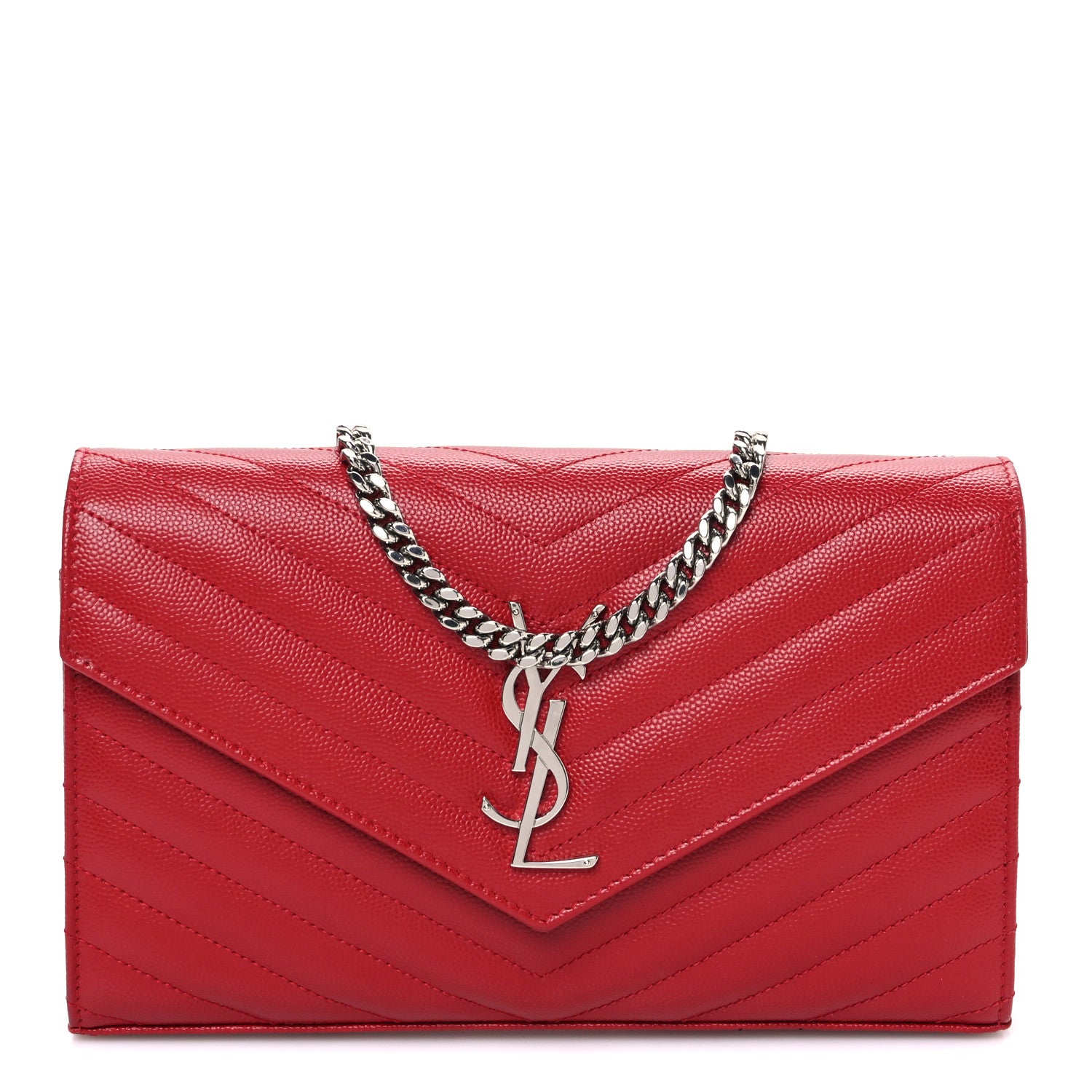 Saint Laurent Grain De Poudre Matelasse Chevron Monogram Chain Wallet Red 1 of 11