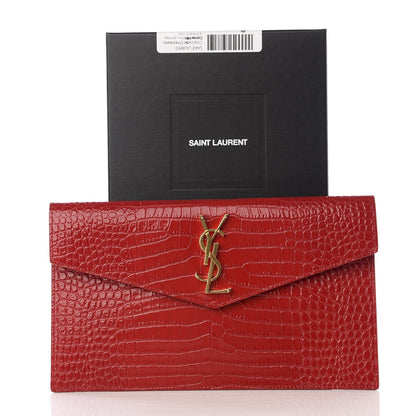 Saint Laurent Calfskin Crocodile Embossed Uptown Monogram Clutch Rouge Eros 7 of 7