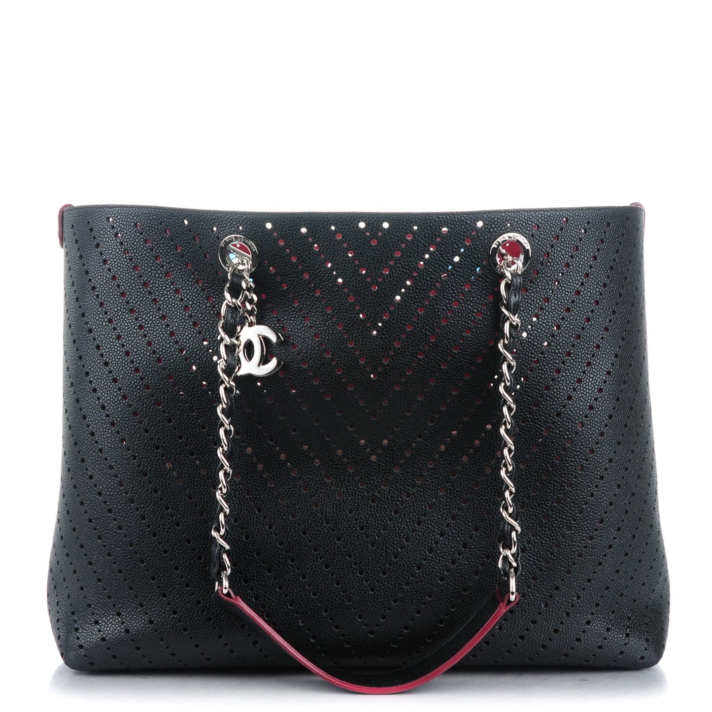 Perforated Grained Calfskin Large Shopping Tote Black