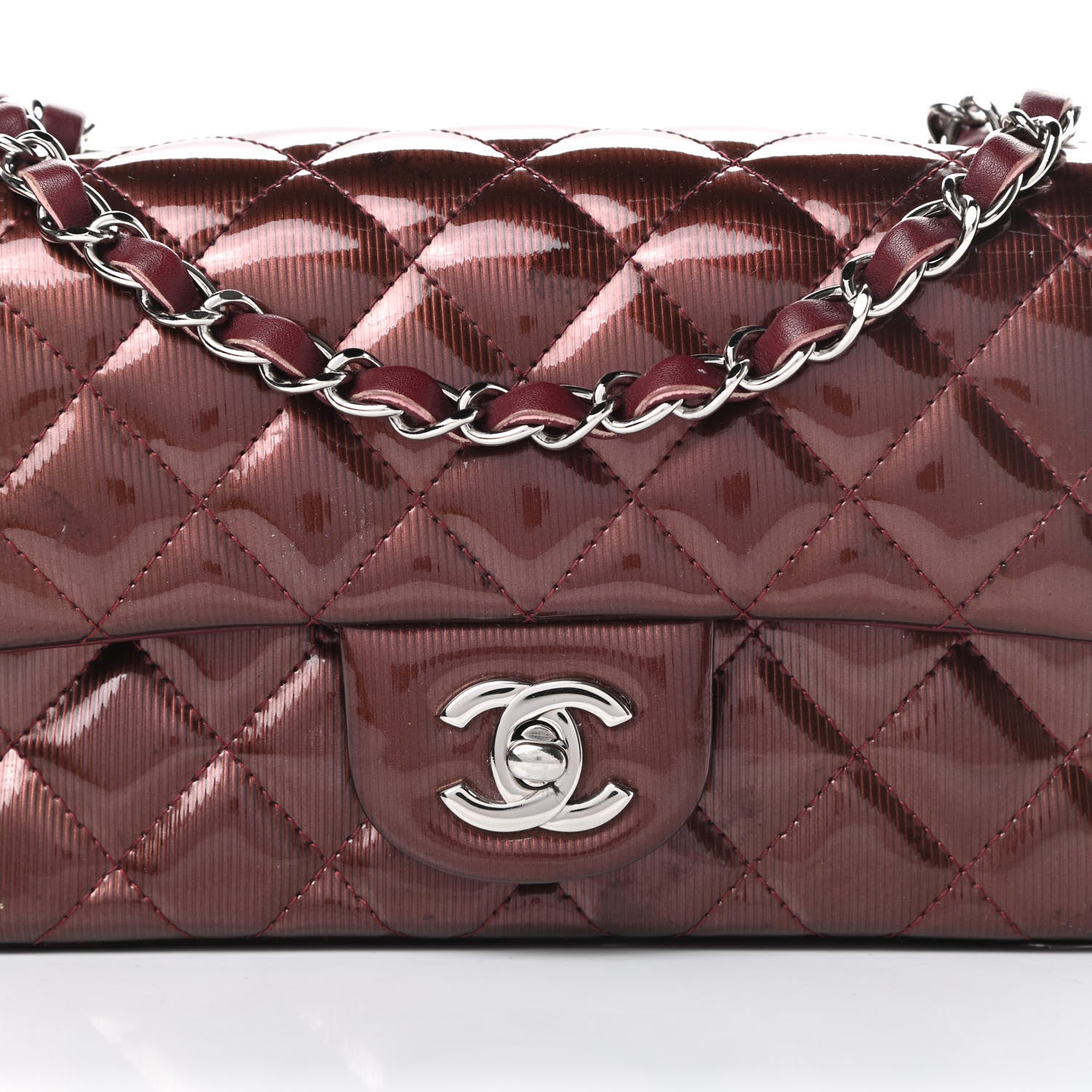 Chanel Striated Patent Quilted Mini Rectangular Flap Burgundy 8 of 14