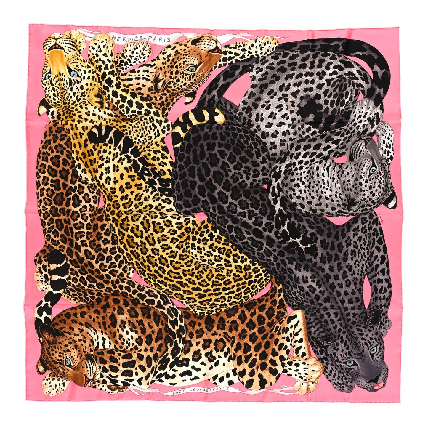 Silk Twill Lazy Leopardesses Scarf 90 Rose Vif Anthracite