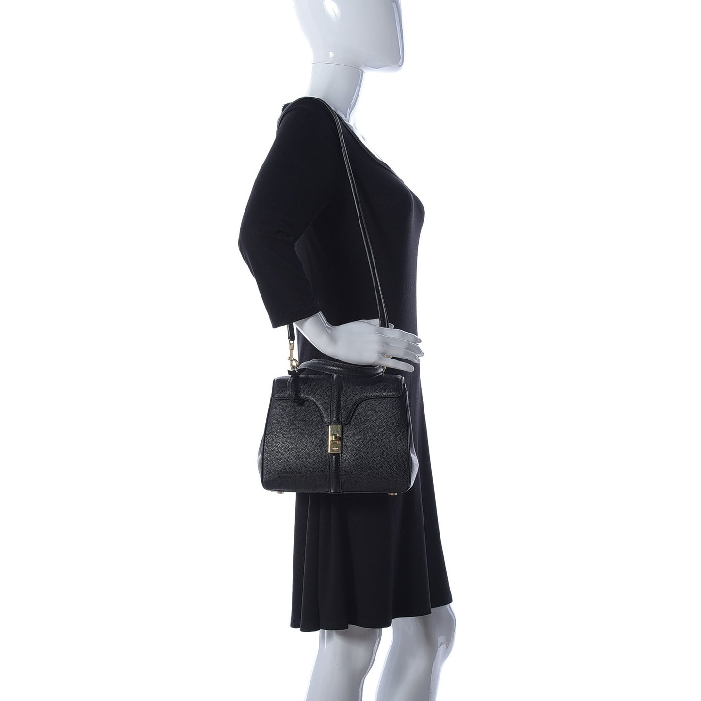 Grained Calfskin Small 16 Top Handle Bag Black