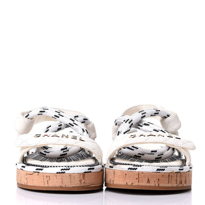 Chanel Cord Lambskin Quilted Logo Sandals 38 White Black 3 of 19