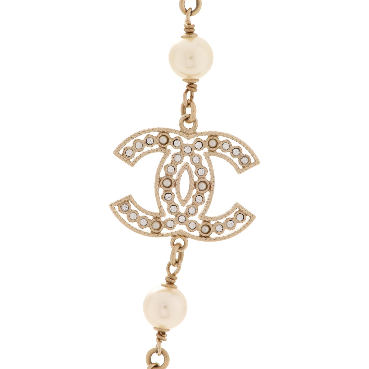 Crystal Baguette Pearl CC Cross Necklace Gold