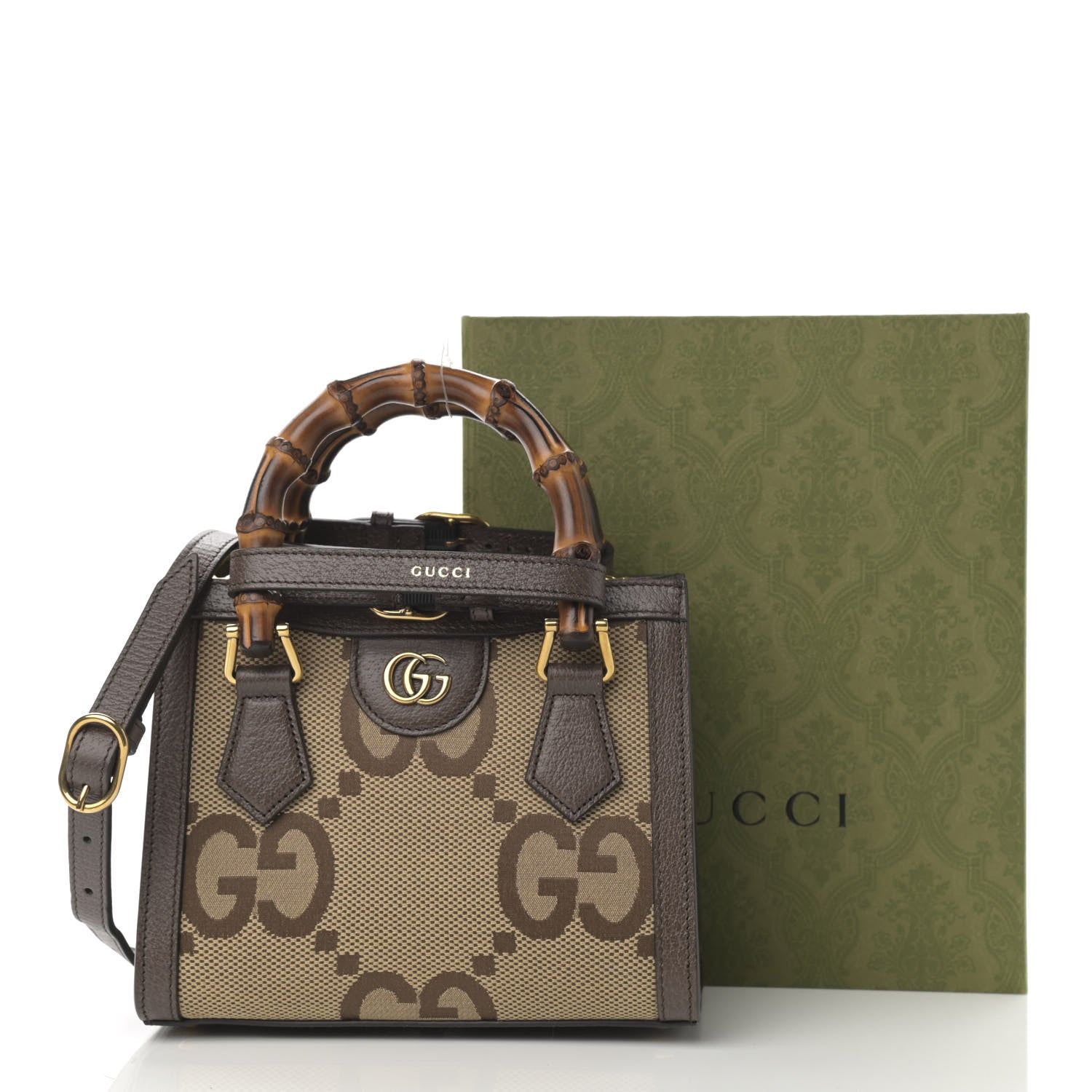 Gucci Monogram Jumbo GG Textured Dollar Calfskin Mini Diana Tote Bag Camel Ebony New Acero 11 of 11
