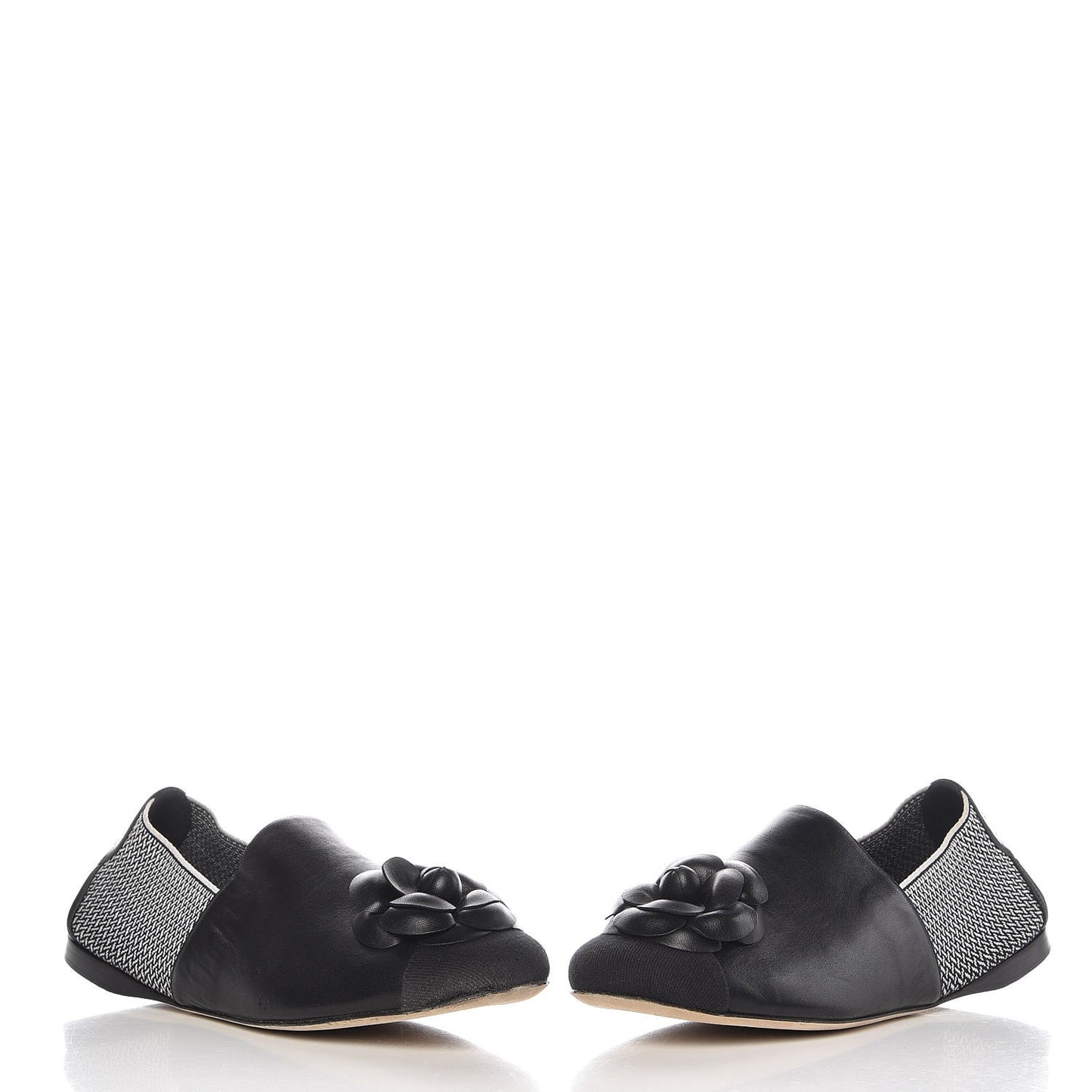 Lambskin Fabric Camellia Moccasin Flats 41 Black White