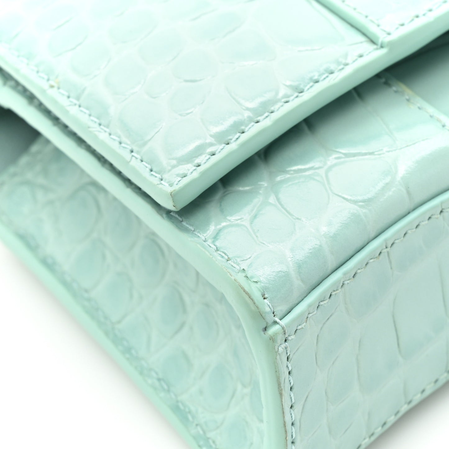Shiny Calfskin Crocodile Embossed Hourglass Chain Bag Green Acqua