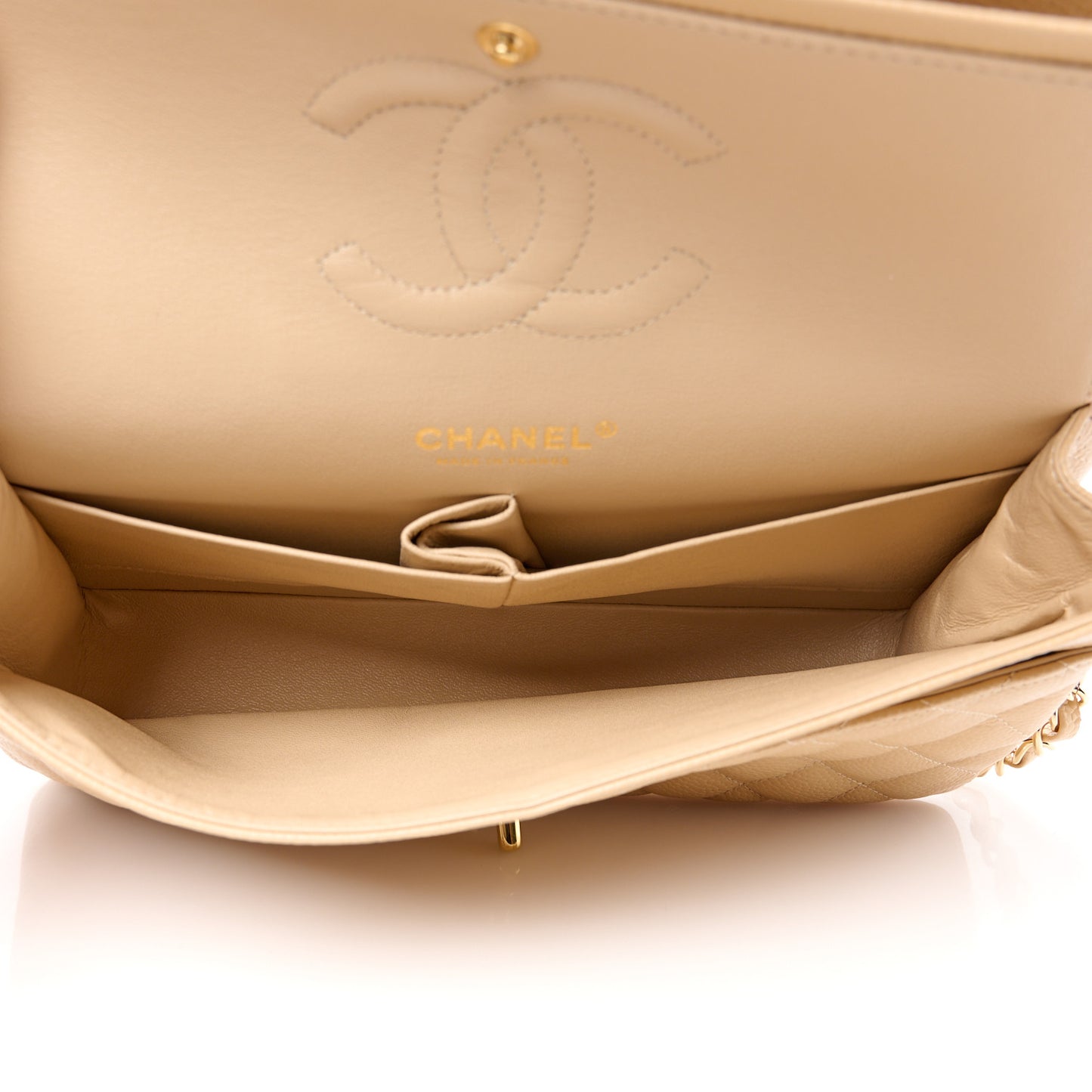 Caviar Quilted Medium Double Flap Beige