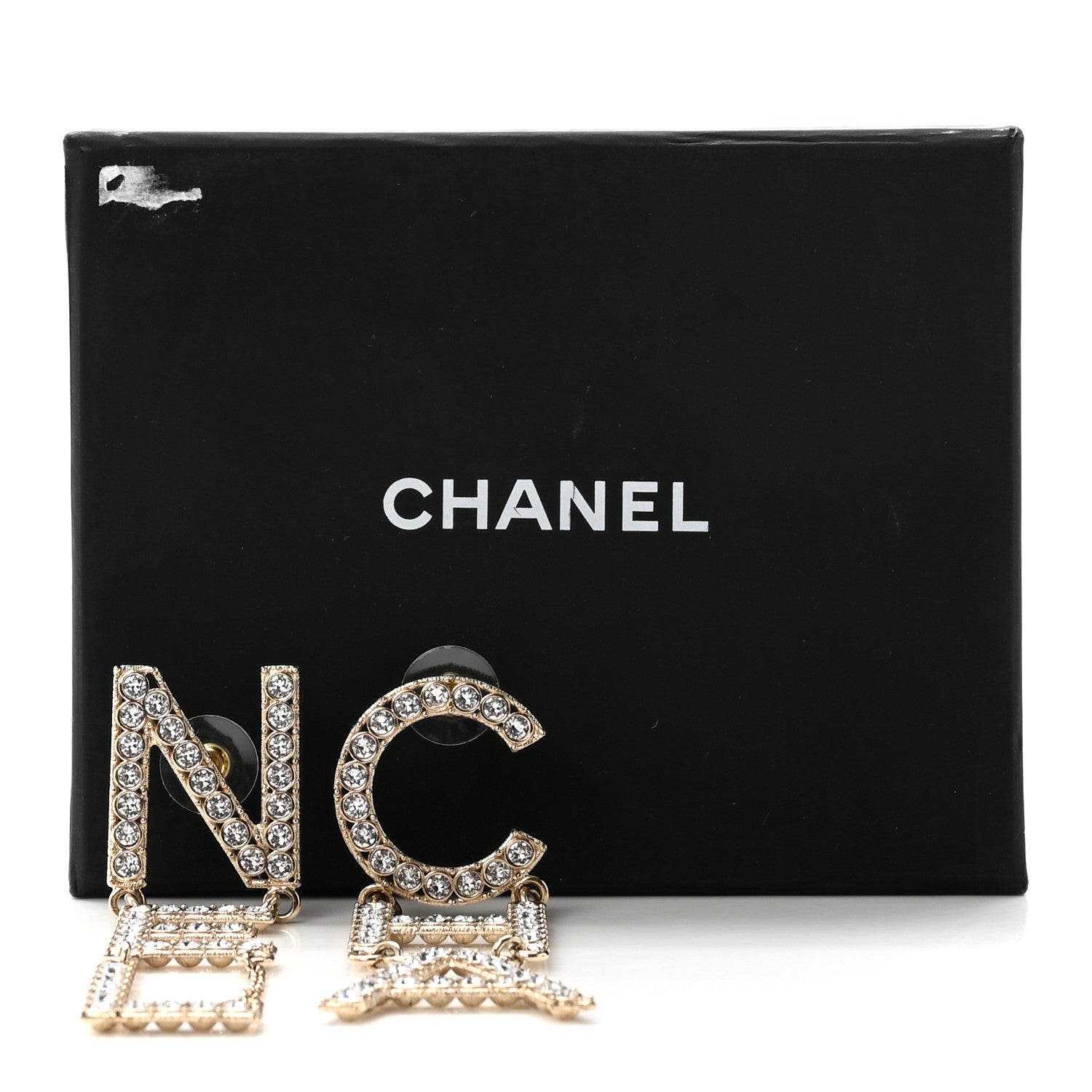 Chanel Crystal Cha-Nel Logo Drop Earrings Gold 5 of 5