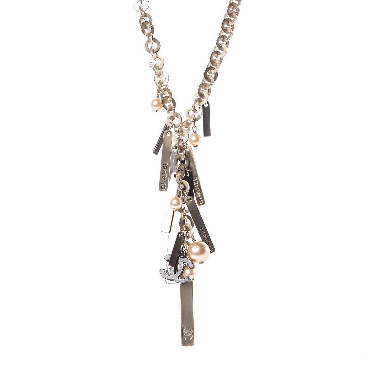 Pearl CC Logo Plate Necklace Silver