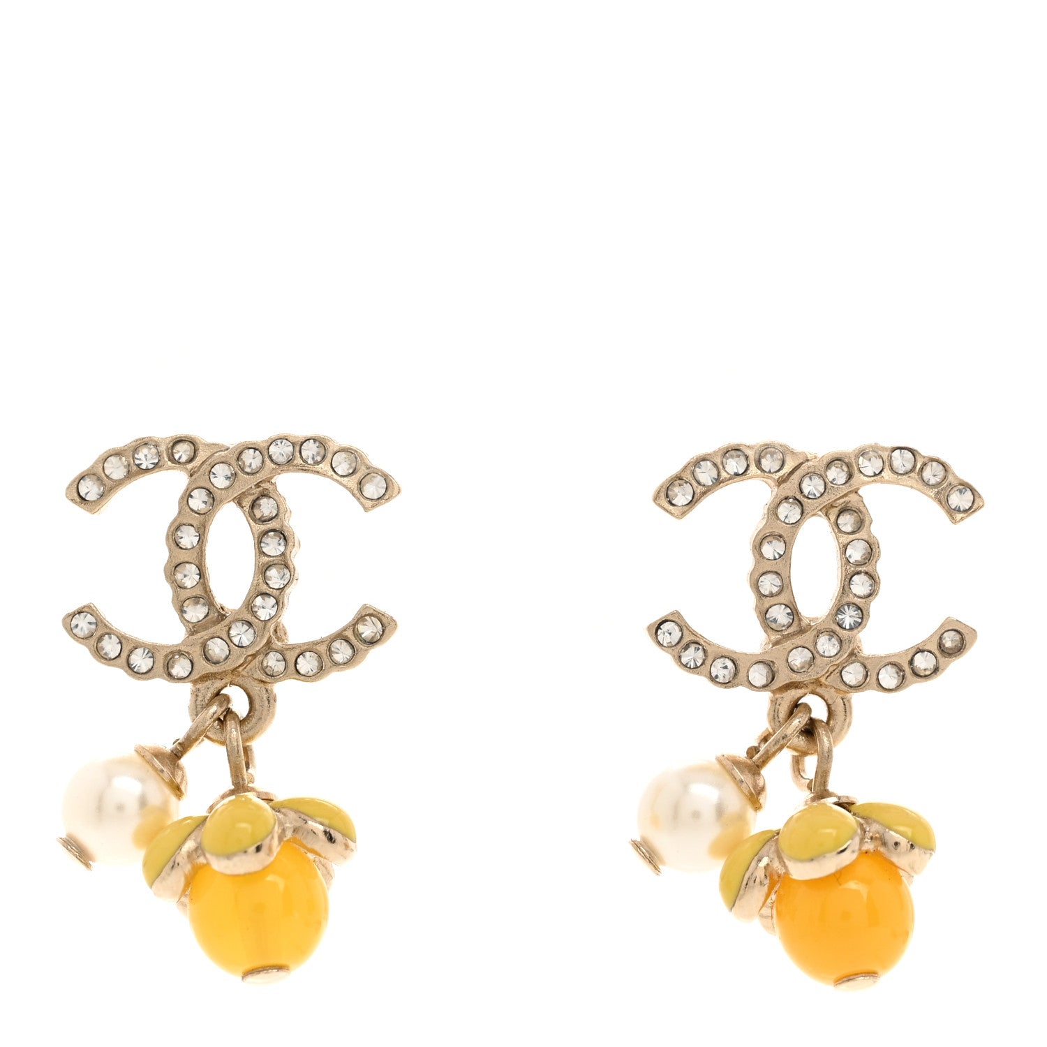 Chanel Metal Crystal Bead Pearl CC Drop Earrings Gold White Yellow 1 of 5