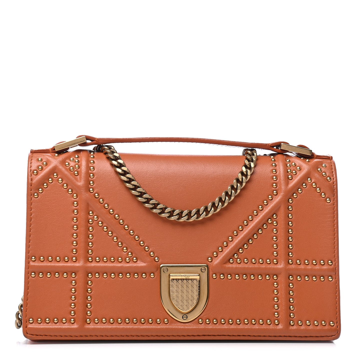 Calfskin Studded Diorama Top Handle Wallet on Chain Pouch Orange