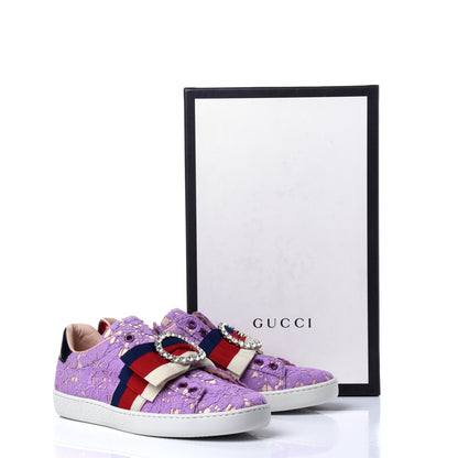 Gucci Lace Crystal Sylvie Web Flower Leaf Womens Ace Sneakers 35.5 Wisteria Perfect Pink 11 of 11