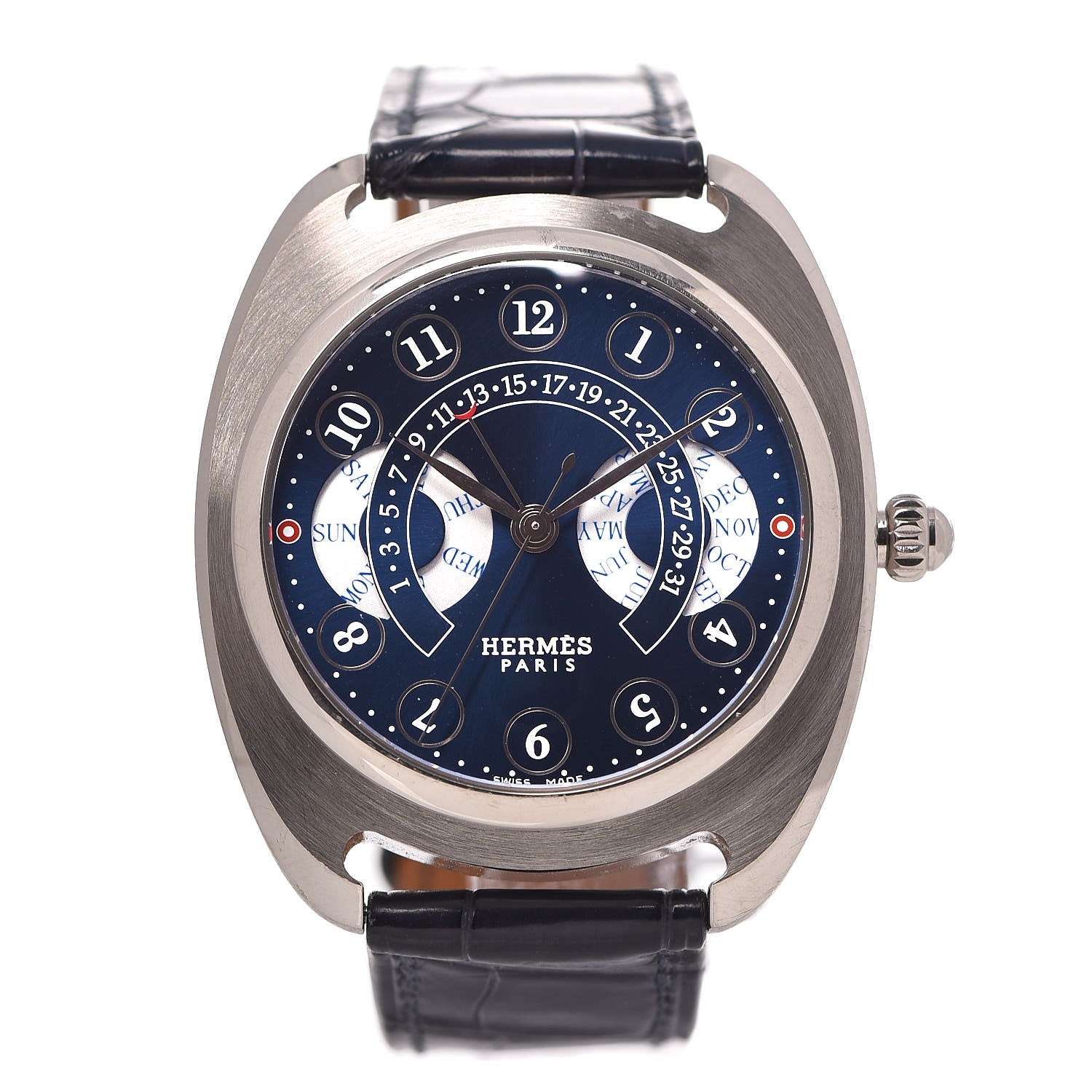 Hermes 18K White Gold Alligator 40.5mm Dressage Annual Calendar Automatic Watch Bleu Obscur 1 of 11