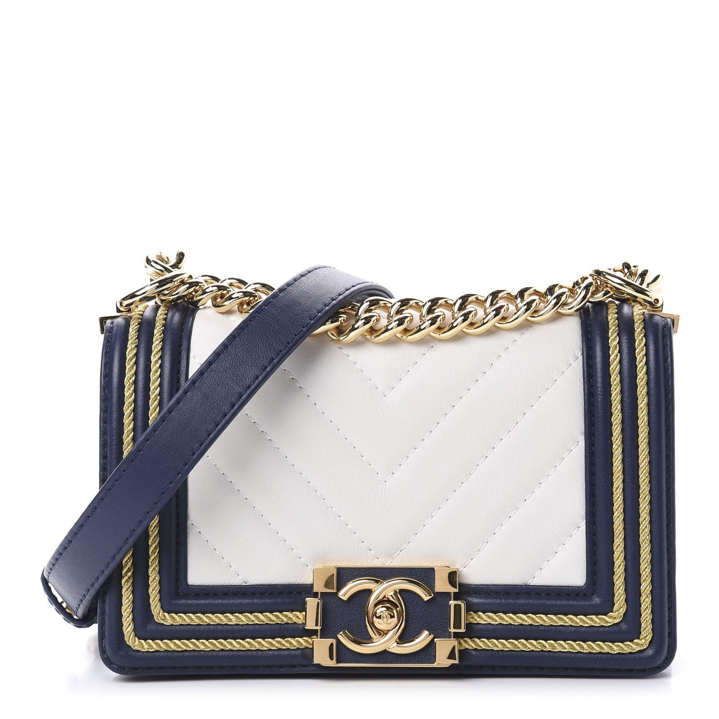 Calfskin Chevron Quilted Braided Small Boy Flap White Navy