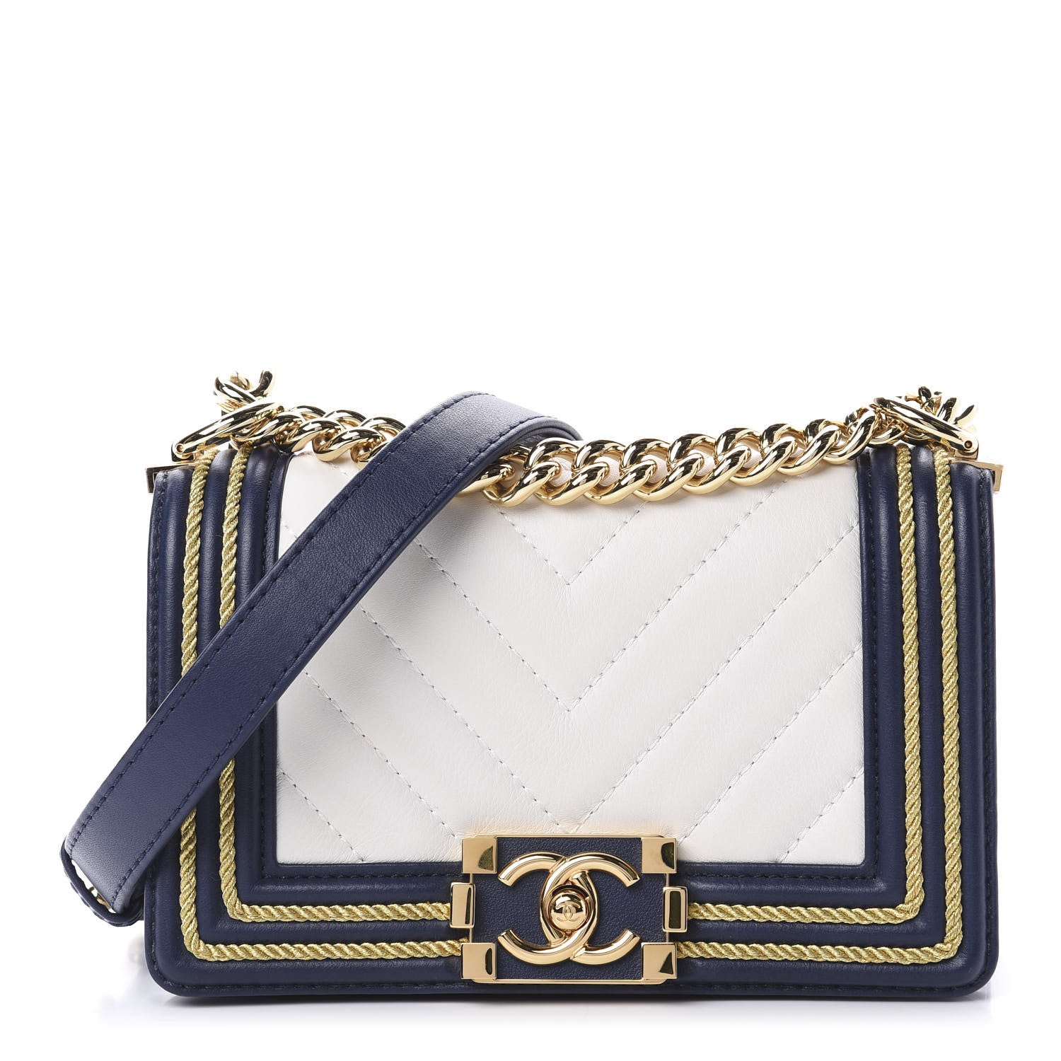 Chanel Calfskin Chevron Quilted Braided Small Boy Flap White Navy 1 of 11
