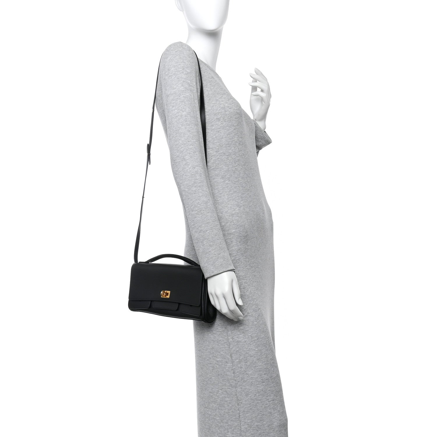 Balenciaga Smooth Calfskin Small Bel Air Clutch On Strap Black