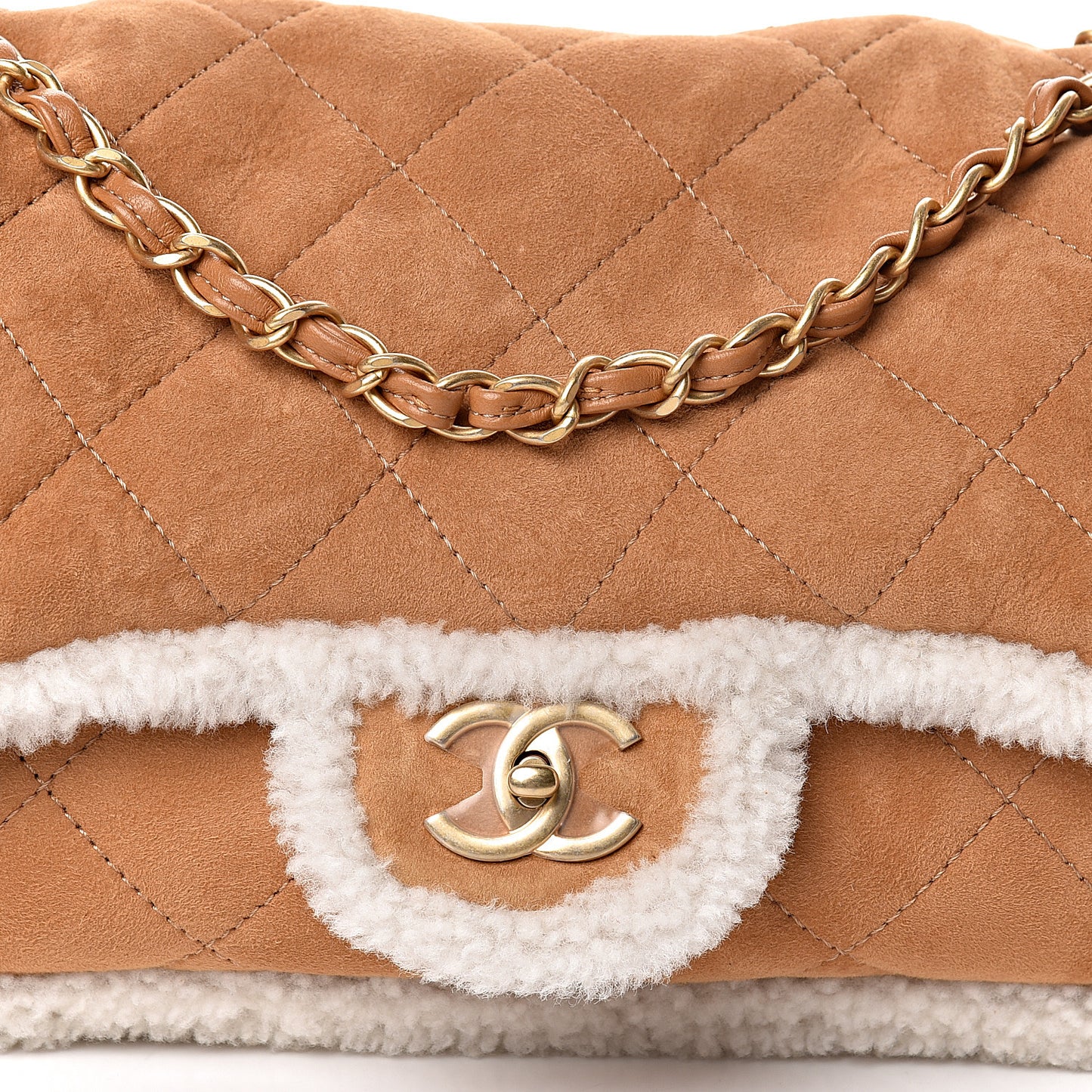 Shearling Lambskin Quilted Coco Neige Single Flap Beige