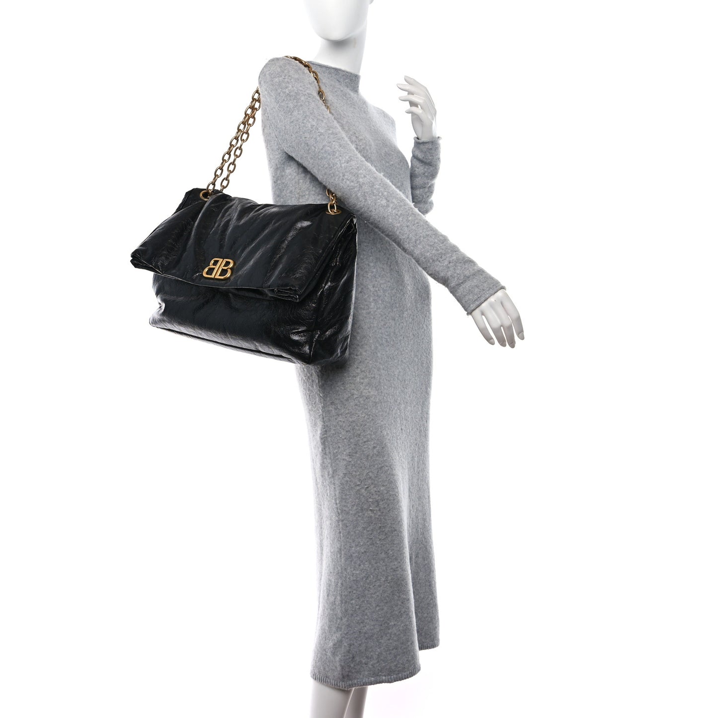 Arena Calfskin Large Monaco Chain Shoulder Bag Black