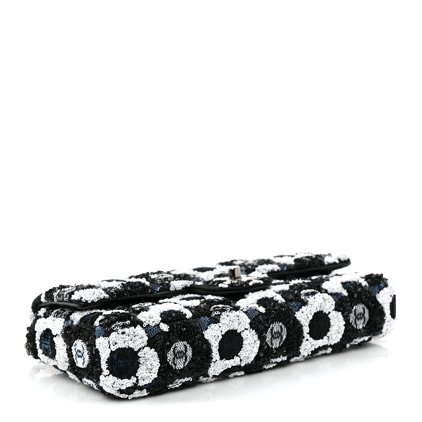 Satin Sequin Embellished Flower East West Flap Black White Blue