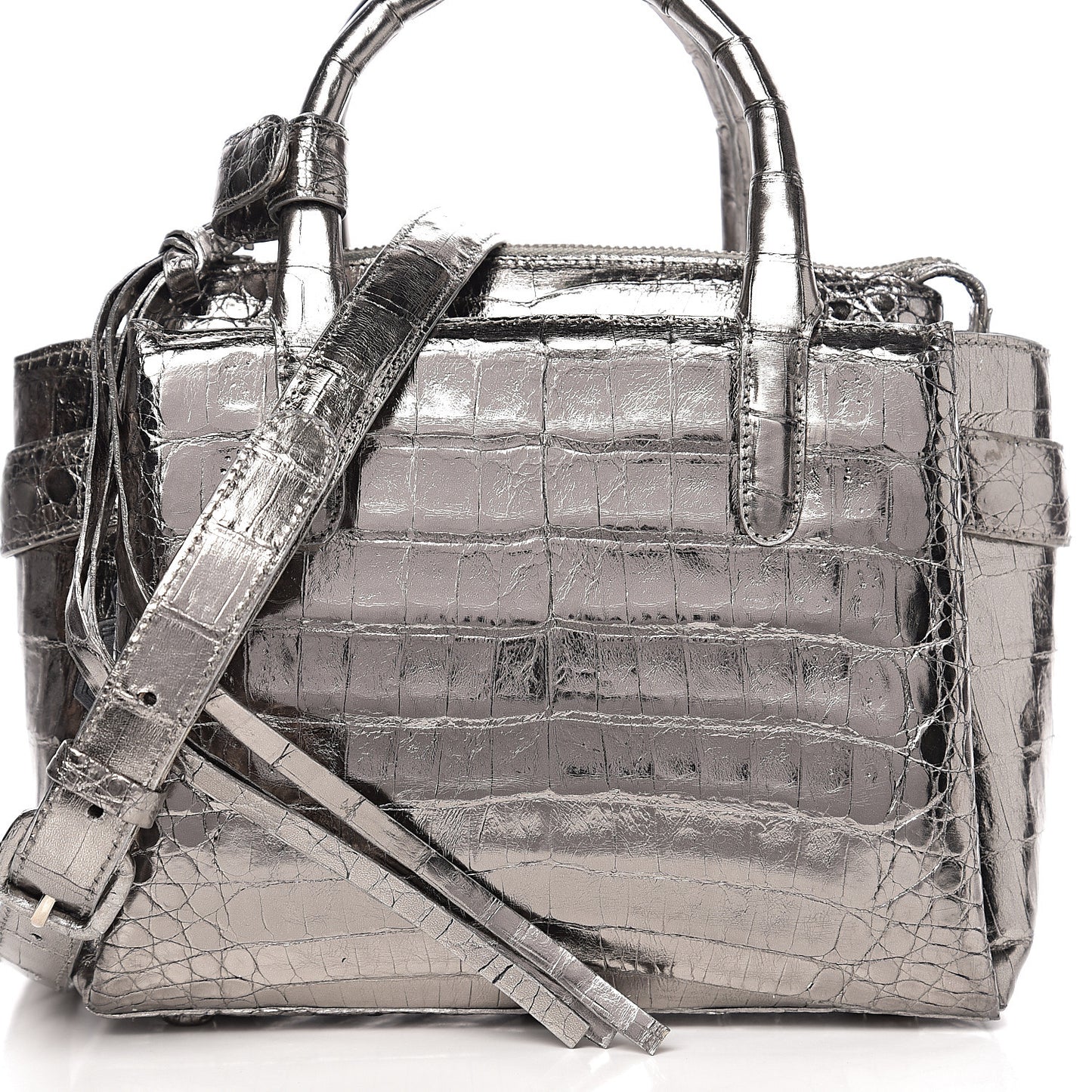 Metallic Crocodile Top Handle Shoulder Bag Silver