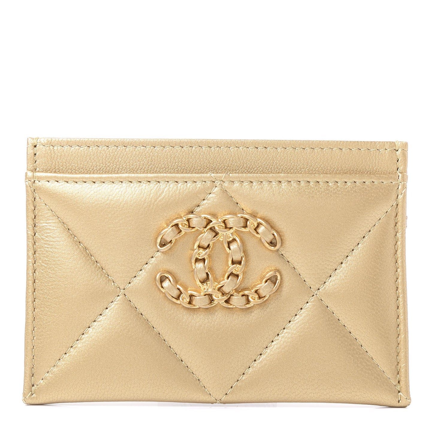 Metallic Goatskin Quilted Chanel 19 Card Holder Gold