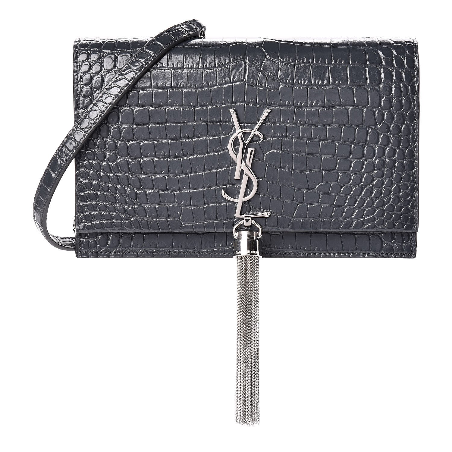 Saint Laurent Calfskin Crocodile Embossed Kate Monogram Tassel Chain Wallet Dark Smog 1 of 11