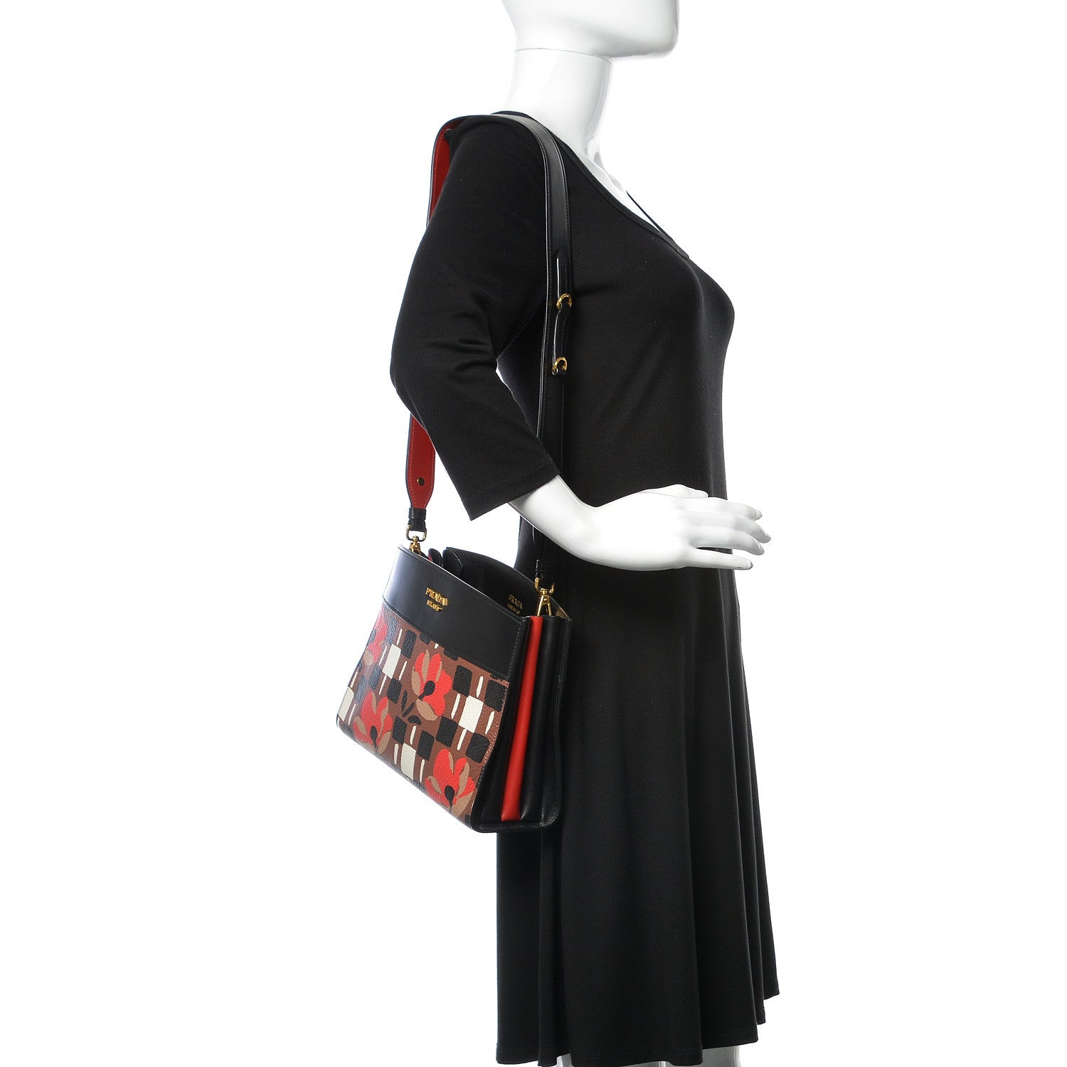 Prada Goatskin Floral Print Bibliotheque Shoulder Bag Tabacco Black 2 of 8