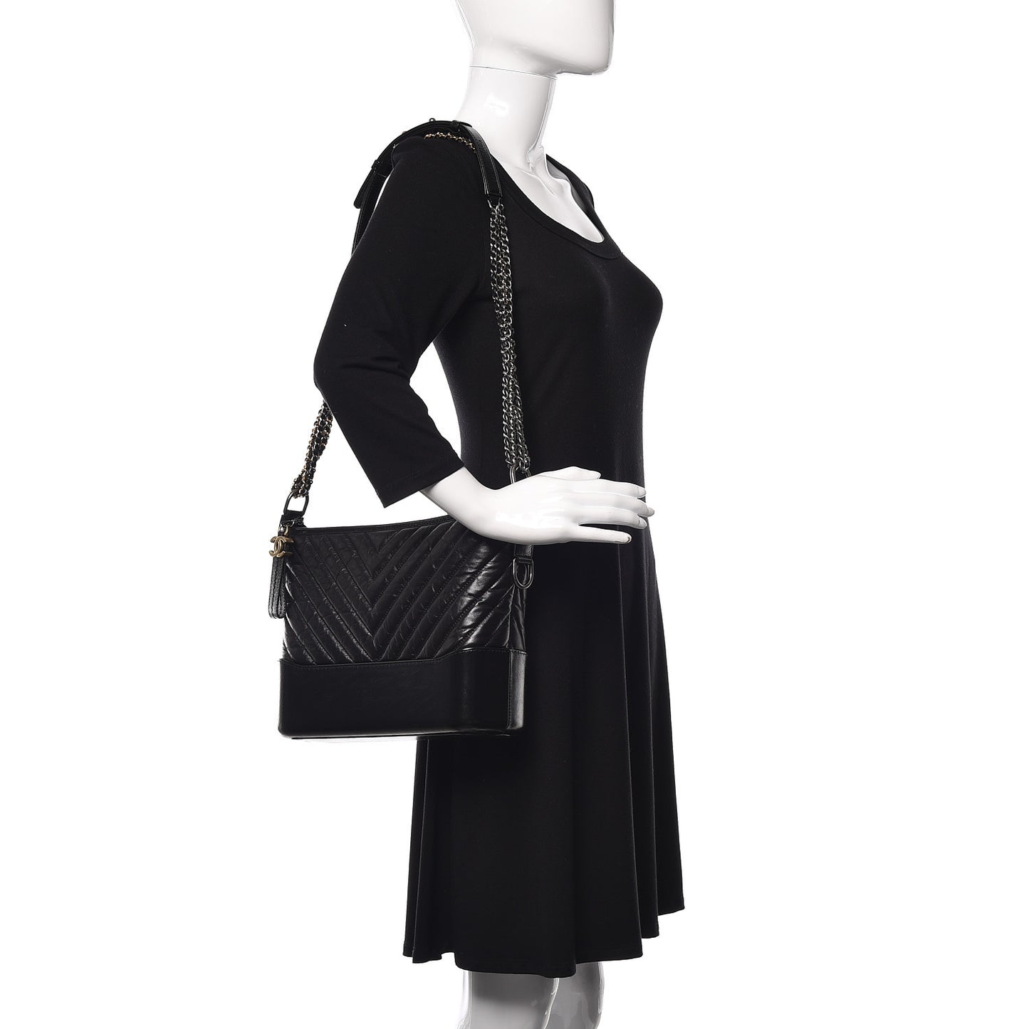 Aged Calfskin Chevron Quilted Medium Gabrielle Hobo Black