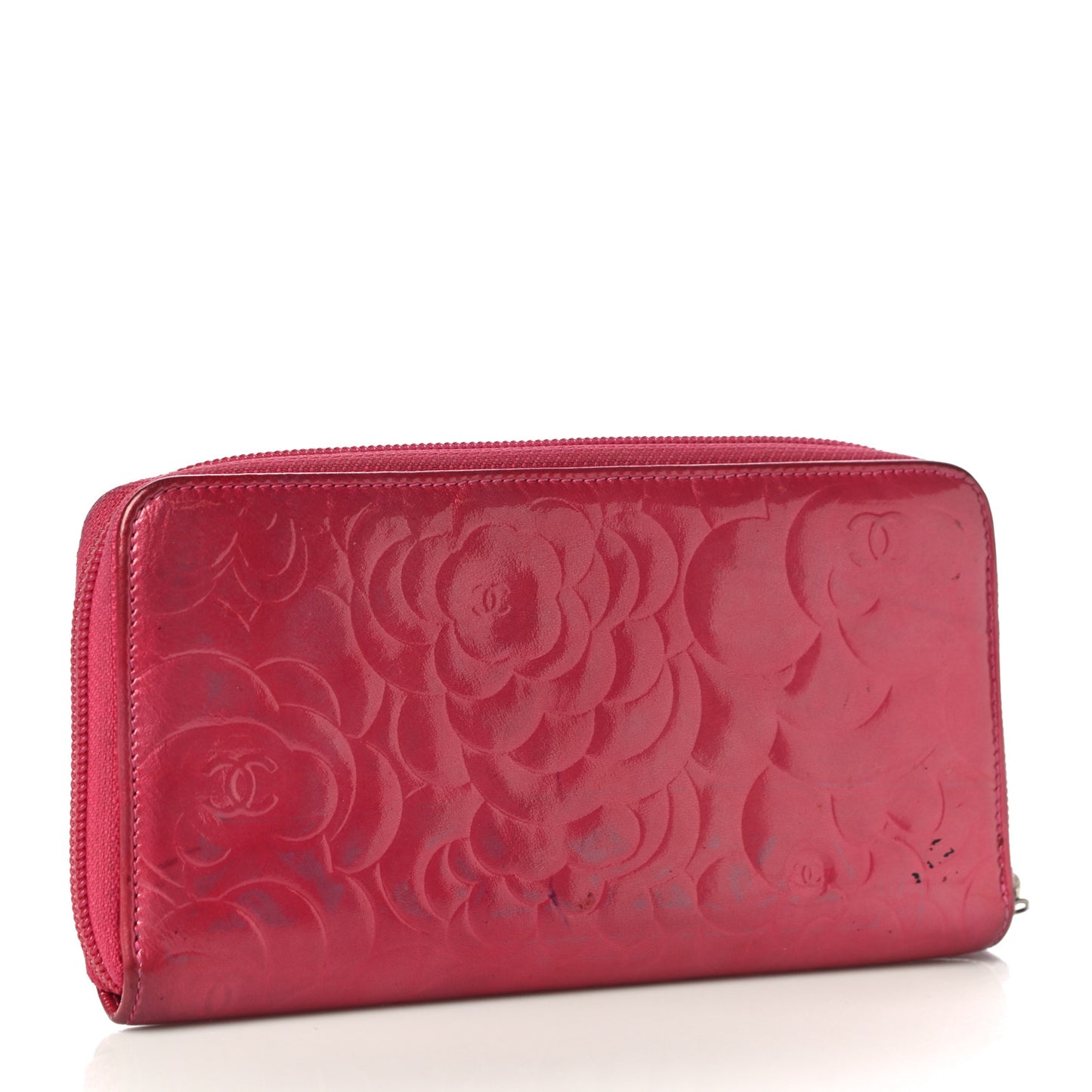 Patent Camellia Embossed Large Gusset Zip Around Wallet Pink