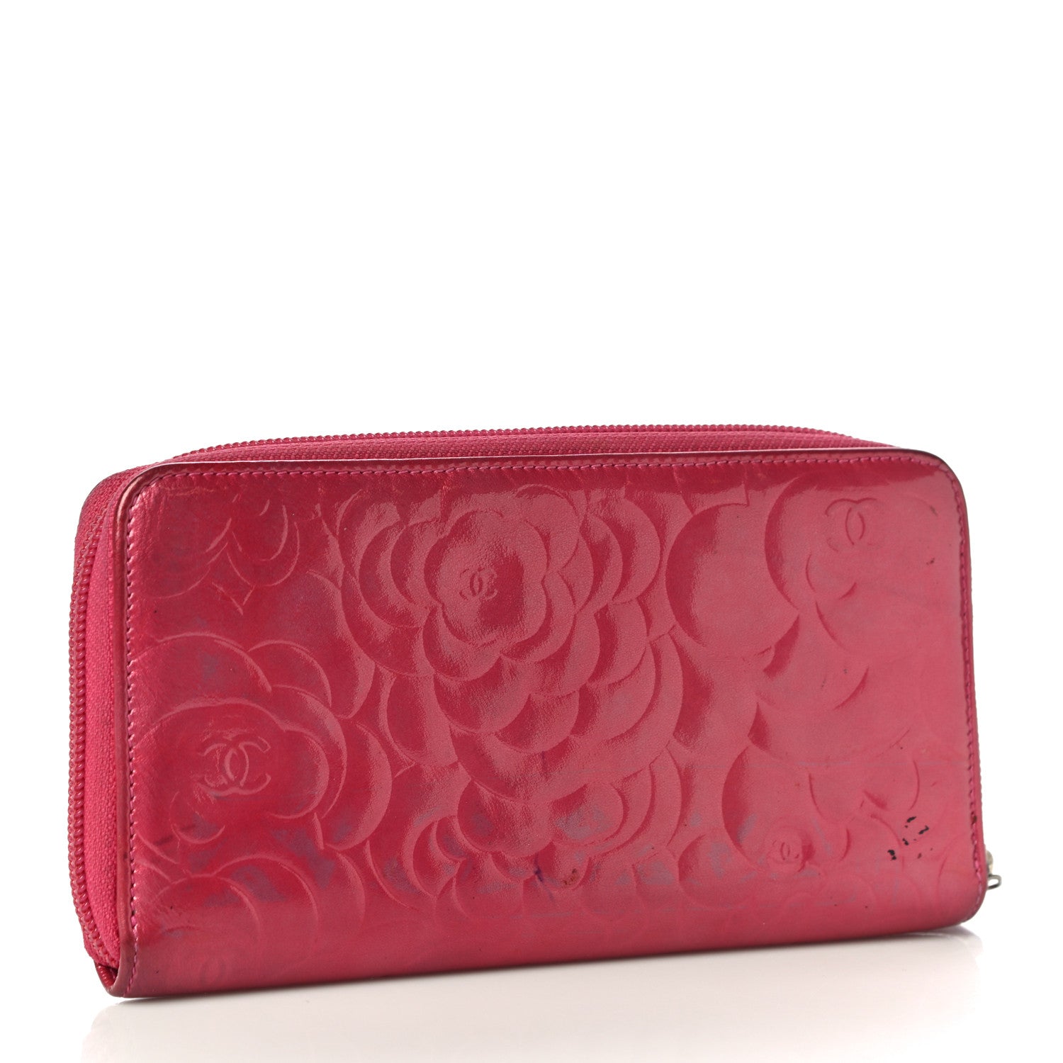 Chanel Patent Camellia Embossed Large Gusset Zip Around Wallet Pink 3 of 15