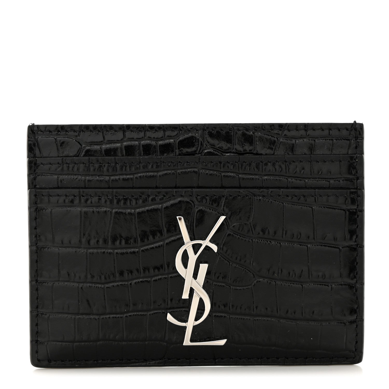 Saint Laurent Calfskin Crocodile Embossed Monogram Credit Card Case Black 1 of 7