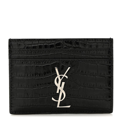 Saint Laurent Calfskin Crocodile Embossed Monogram Credit Card Case Black 1 of 7