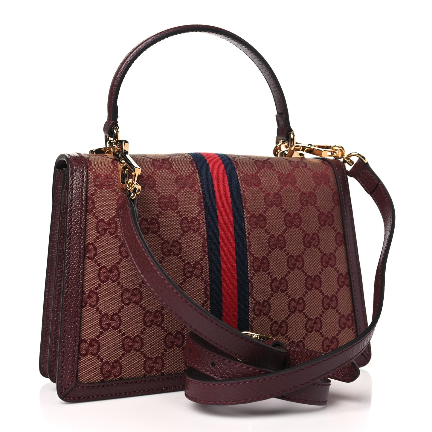 GG Supreme Monogram Textured Dollar Calfskin Web Small Ophidia Padlock Top Handle Bag Bordeaux