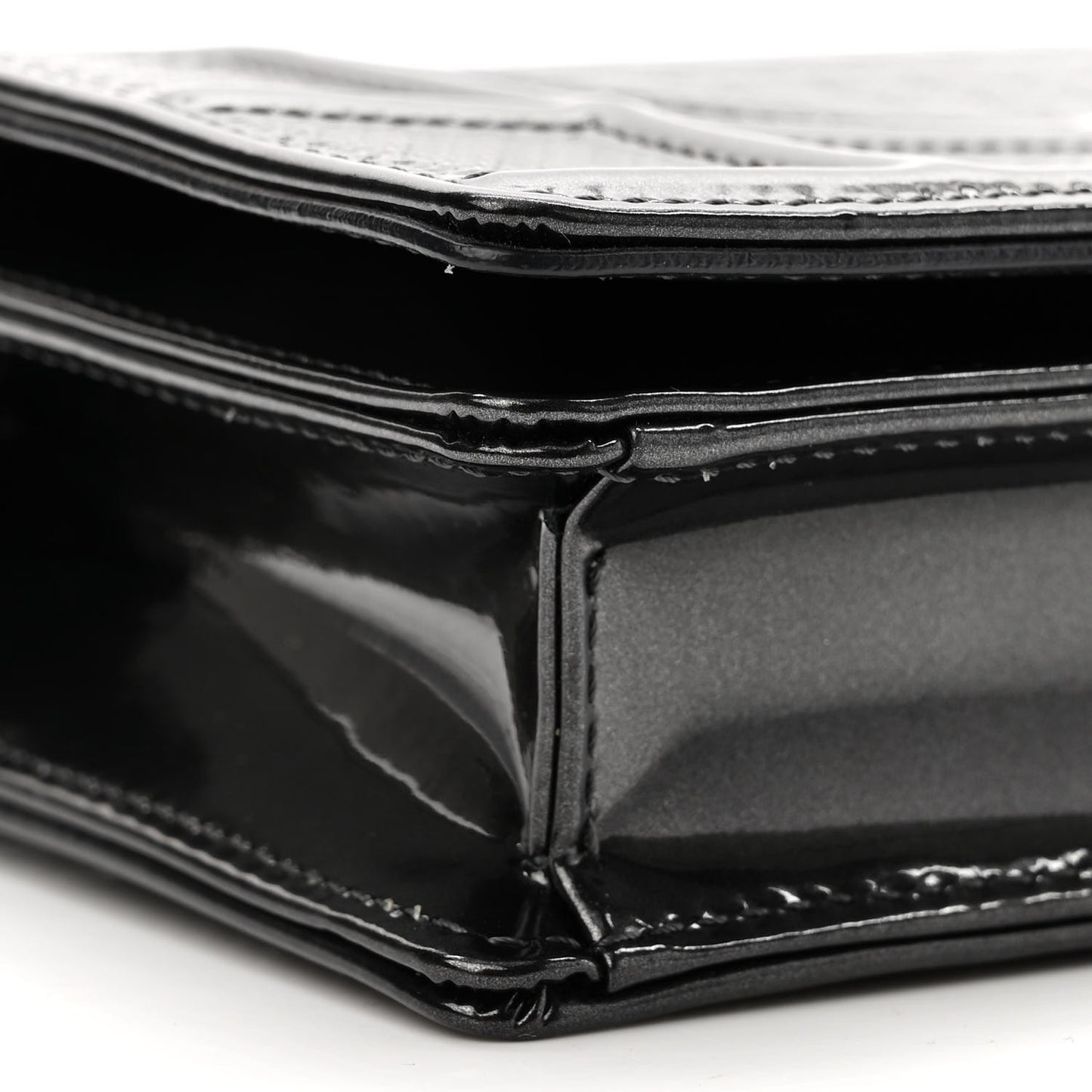 Metallic Patent Micro-Cannage Diorama Wallet on Chain Pouch Black