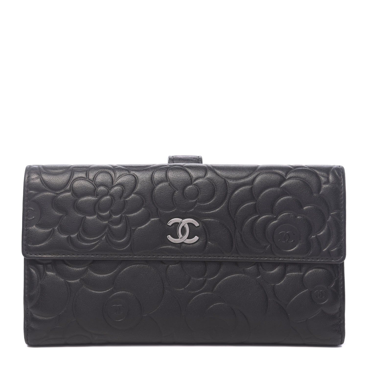 Chanel Lambskin Embossed Camellia Large Gusset Flap Wallet Black 1 of 11