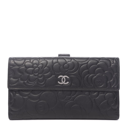 Chanel Lambskin Embossed Camellia Large Gusset Flap Wallet Black 1 of 11