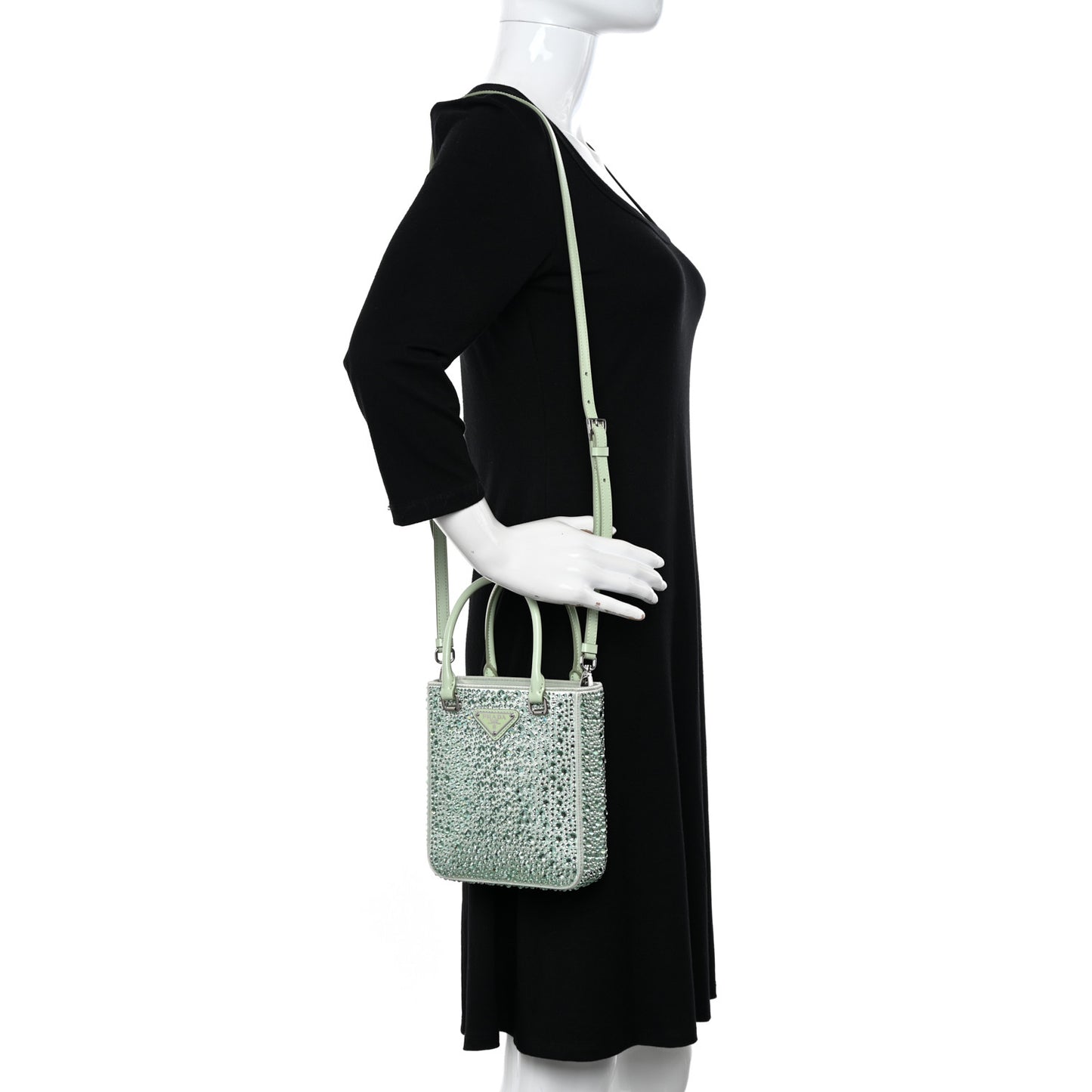 Satin Crystal Metal Triangle Logo Small Double Handle Crossbody Tote Acqua