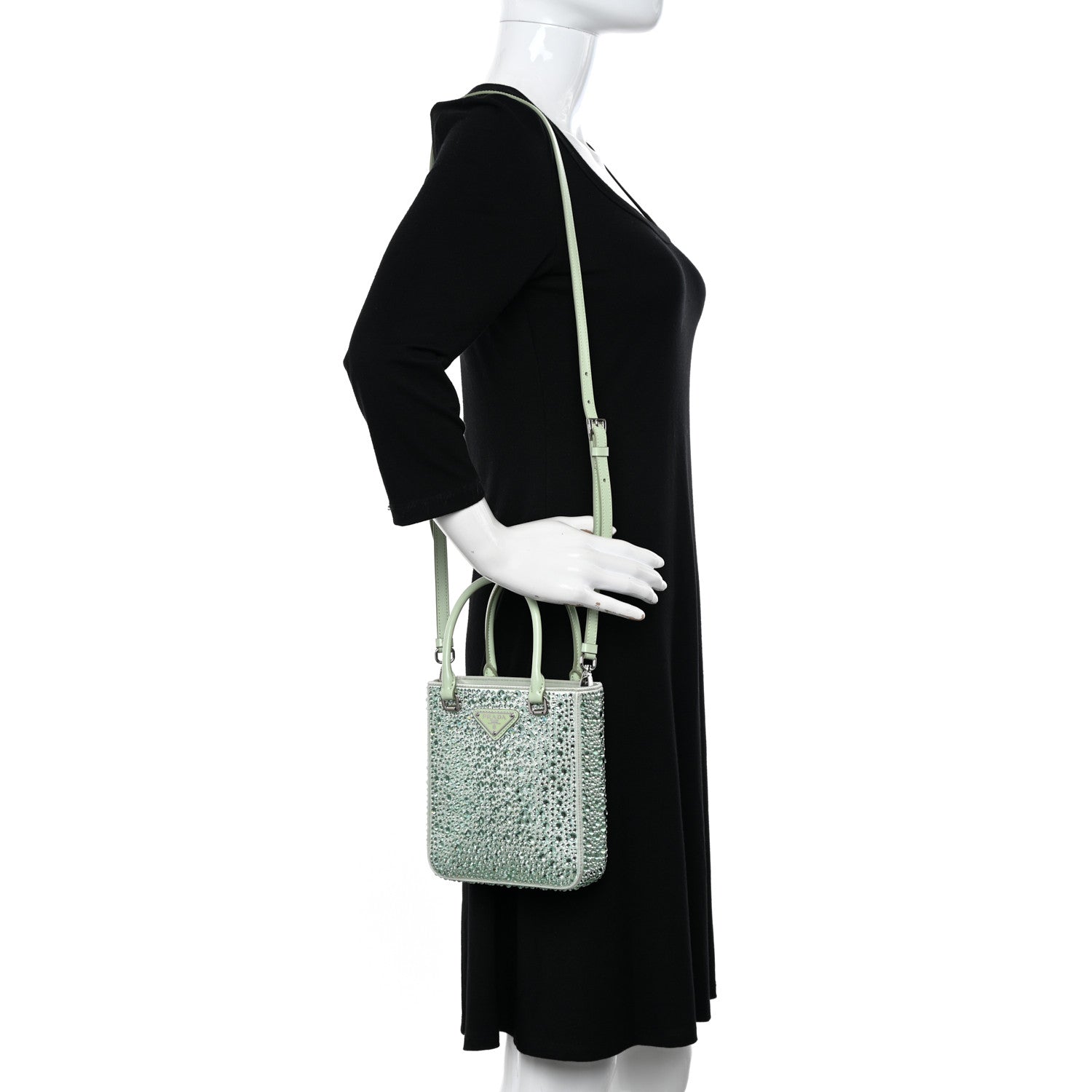 Prada Satin Crystal Metal Triangle Logo Small Double Handle Crossbody Tote Acqua 2 of 10