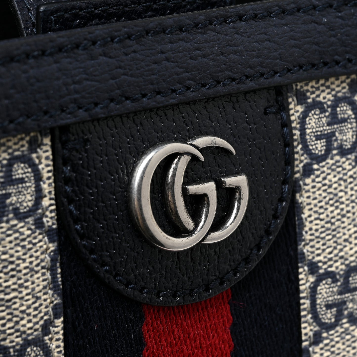 GG Supreme Monogram Textured Calfskin Web Medium Ophidia Shopping Tote Beige Blue