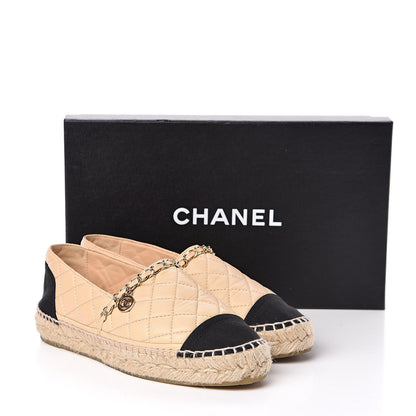 Chanel Lambskin Grosgrain Quilted CC Chain Espadrilles 35 Beige Black 11 of 11