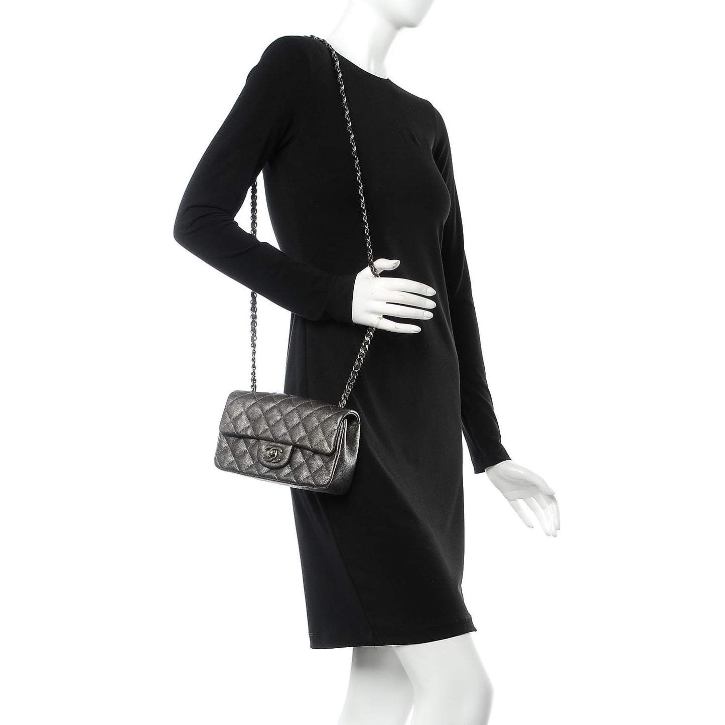 Metallic Caviar Quilted Mini Rectangular Flap Dark Grey