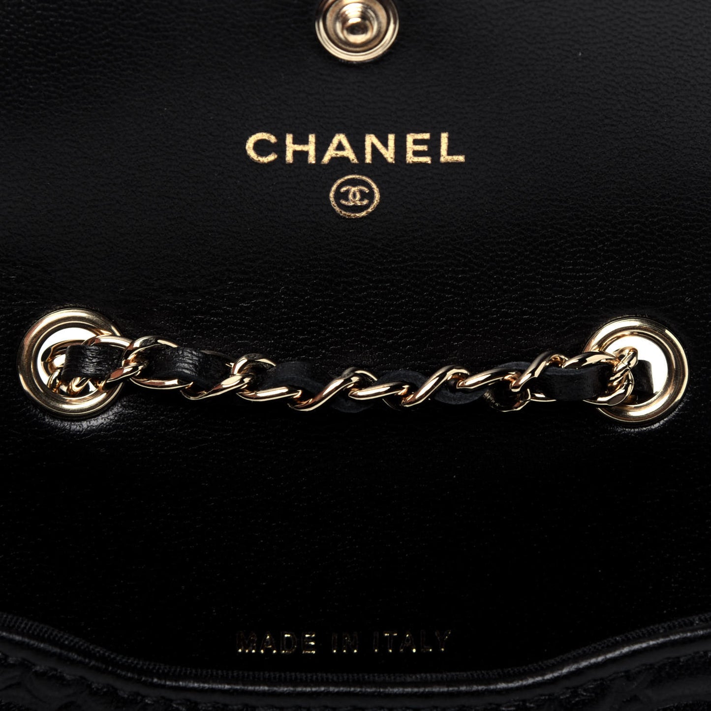 Lambskin Camellia Embossed Chain Belt Bag Black
