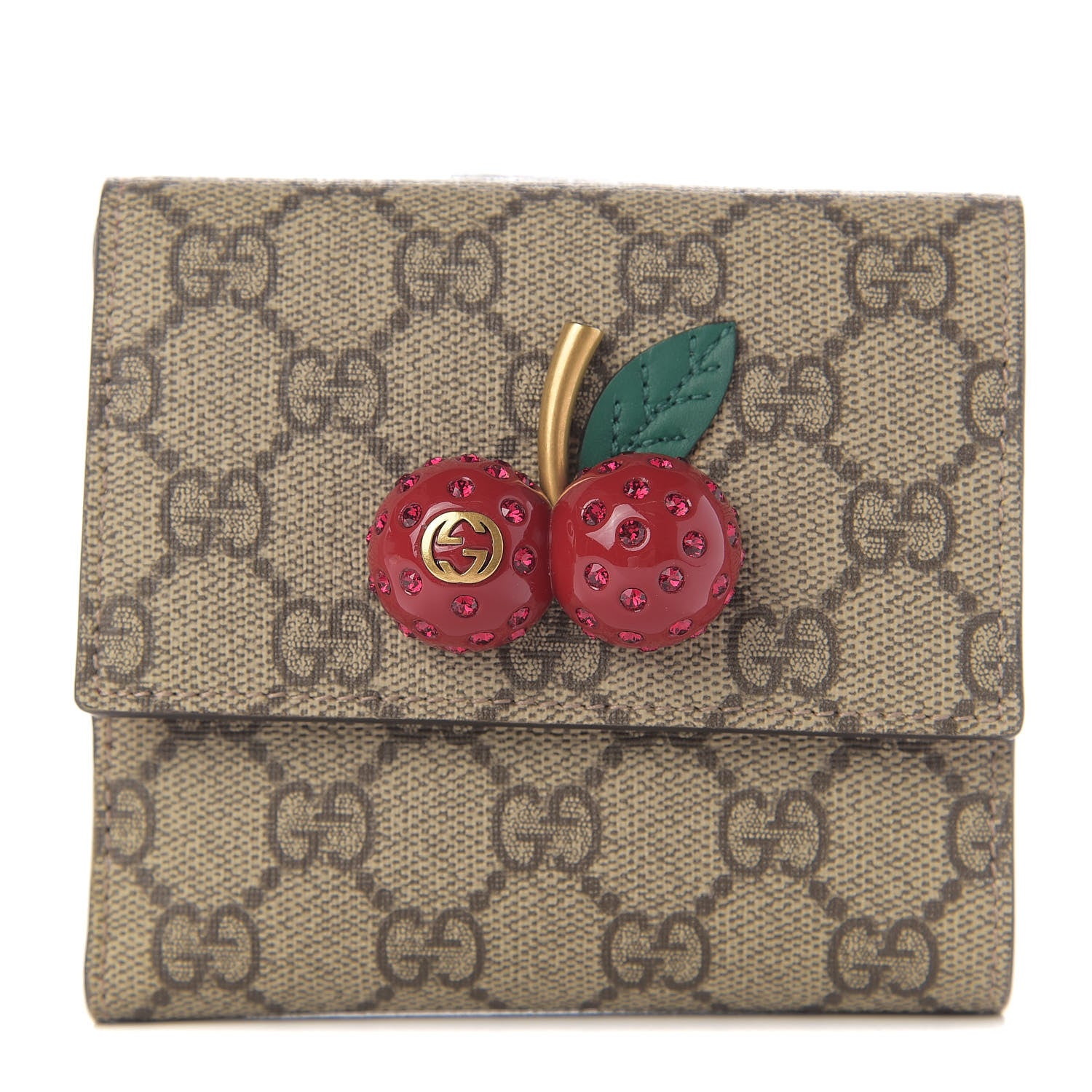Gucci GG Supreme Monogram Cherry Embellished Card Case Wallet Hibiscus Red 1 of 12