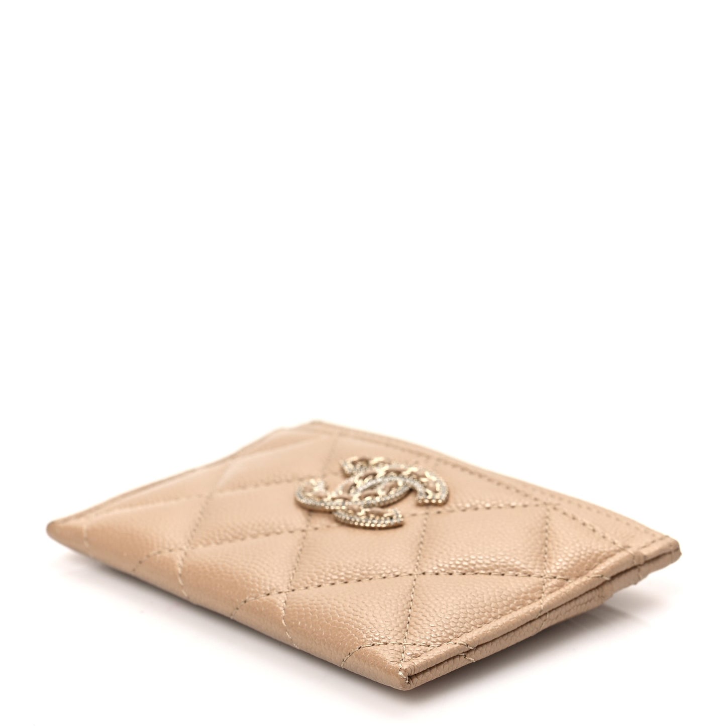 Caviar Quilted Crystal Card Holder Beige