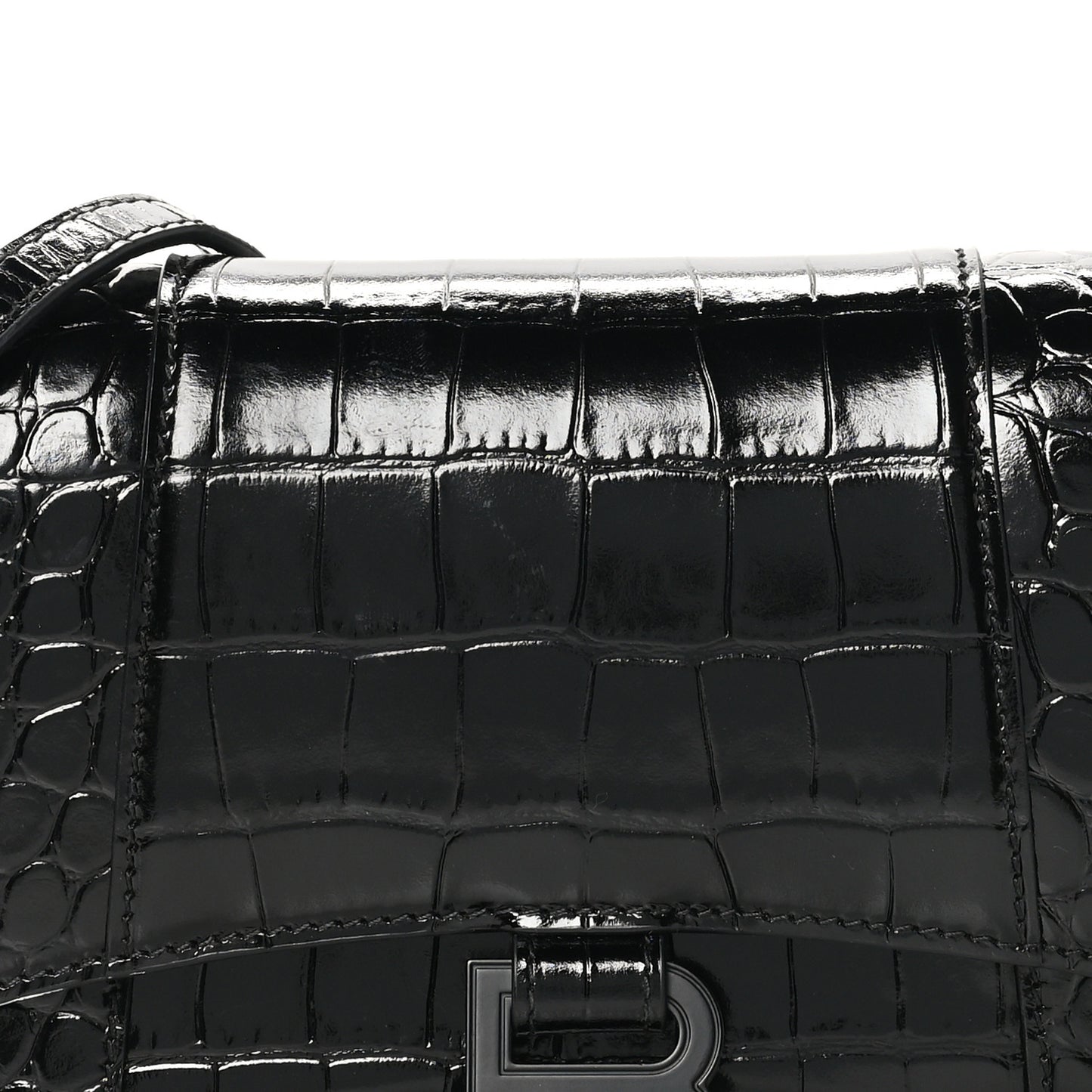 Shiny Calfskin Monochrome Crocodile Embossed Small Hourglass Evening Chain Bag Black