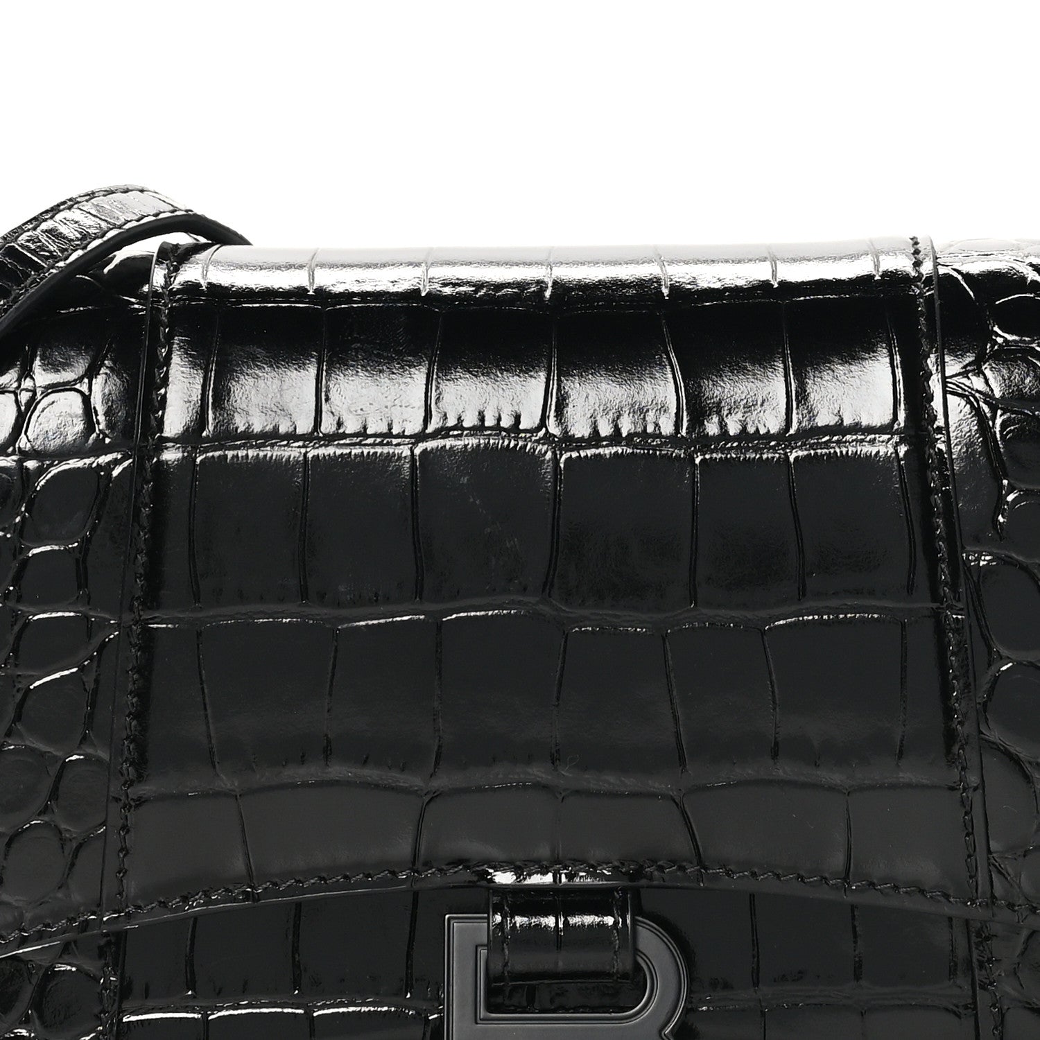 Balenciaga Shiny Calfskin Monochrome Crocodile Embossed Small Hourglass Evening Chain Bag Black 7 of 10