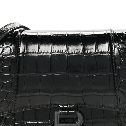 Balenciaga Shiny Calfskin Monochrome Crocodile Embossed Small Hourglass Evening Chain Bag Black 7 of 10