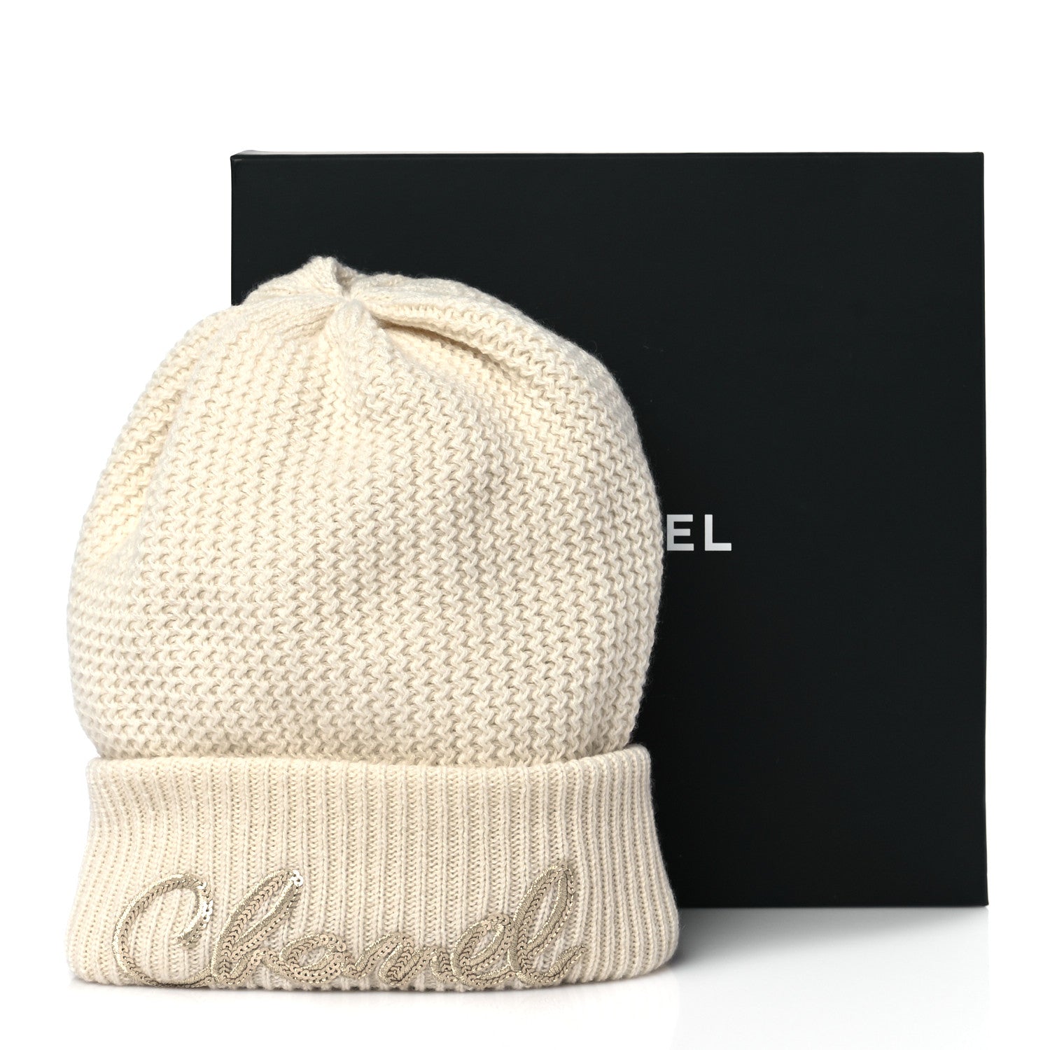 Chanel Cashmere Sequin Logo Beanie Hat Ivory Gold 6 of 6