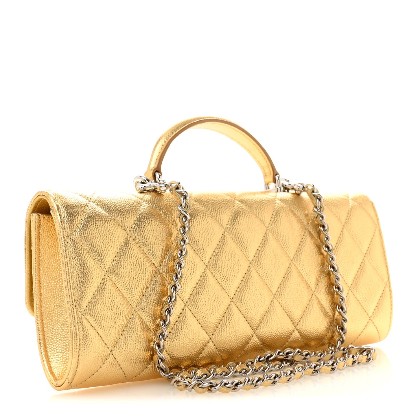 Metallic Caviar Quilted Top Handle Long Clutch With Chain Gold